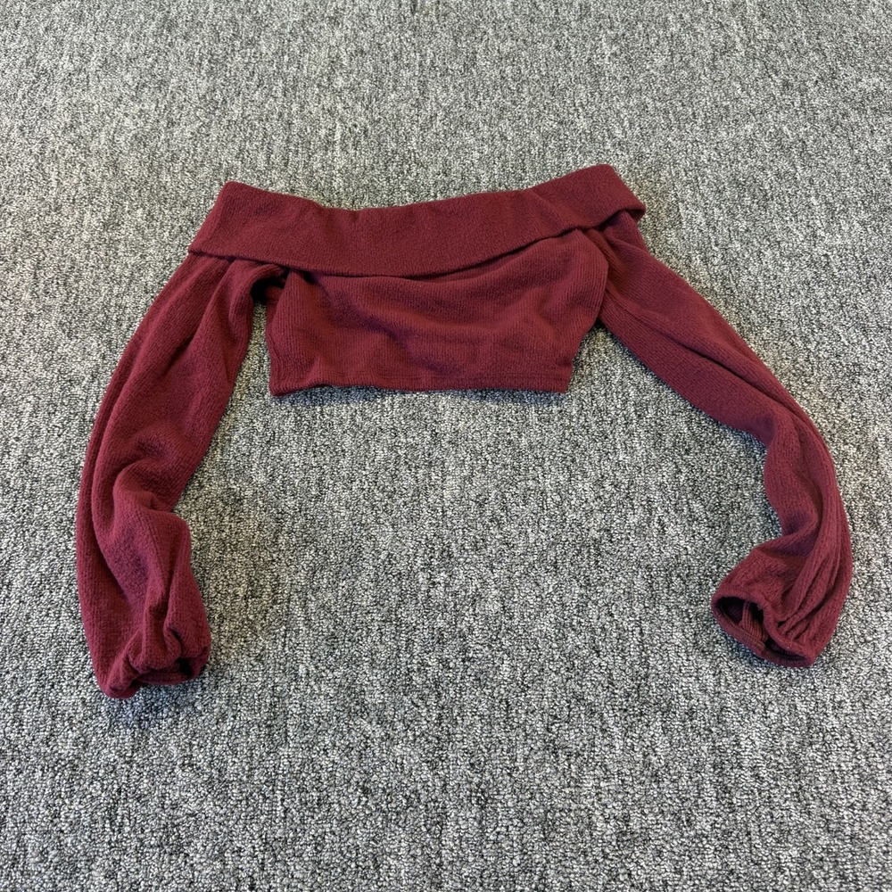 Fashion Nova Crop Top Womens Small Burgundy Ribbed Knit Off the Shoulder Stretch